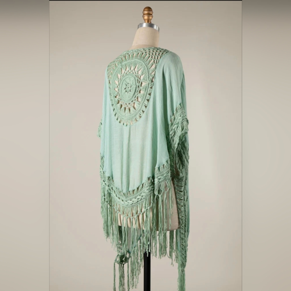 Assorted Sizes: DOLMAN SLEEVE OPEN WEAVE CROCHET KIMONO W/ FRINGE TASSEL HEM-NWT